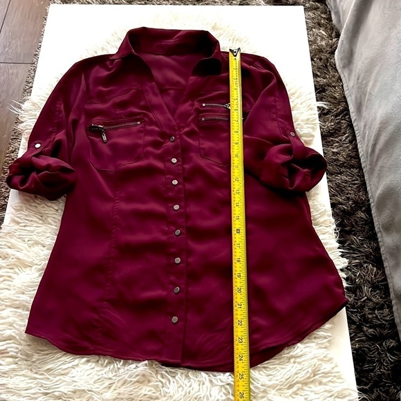 Bebe Burgundy Button Down Zip Pocket 3/4 Sleeve. Sz S πββοΈππ» - Picture 13 of 15